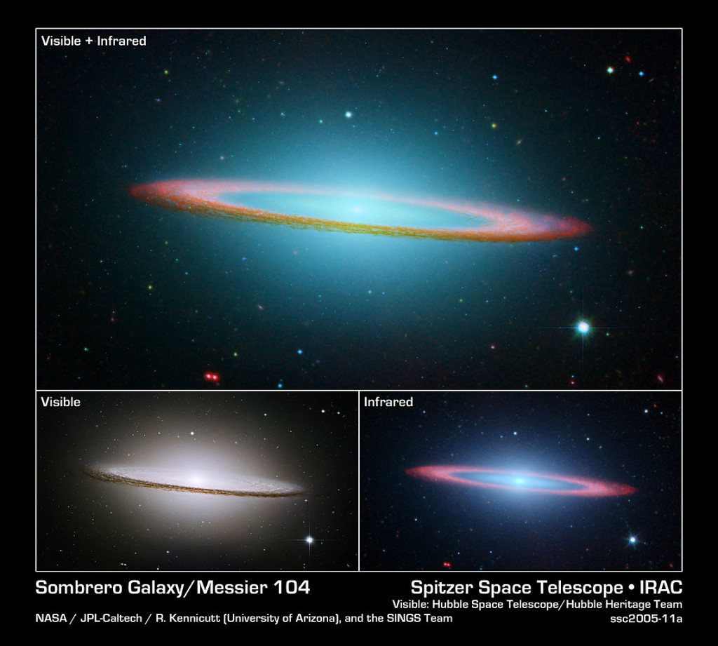 sombrero galaxy infrared,sombrero galaxy visible light,messier 104 infrared,m104 visible light