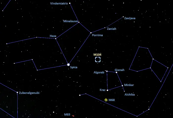how to find the sombrero galaxy,messier 104 location,where is the sombrero galaxy in the sky