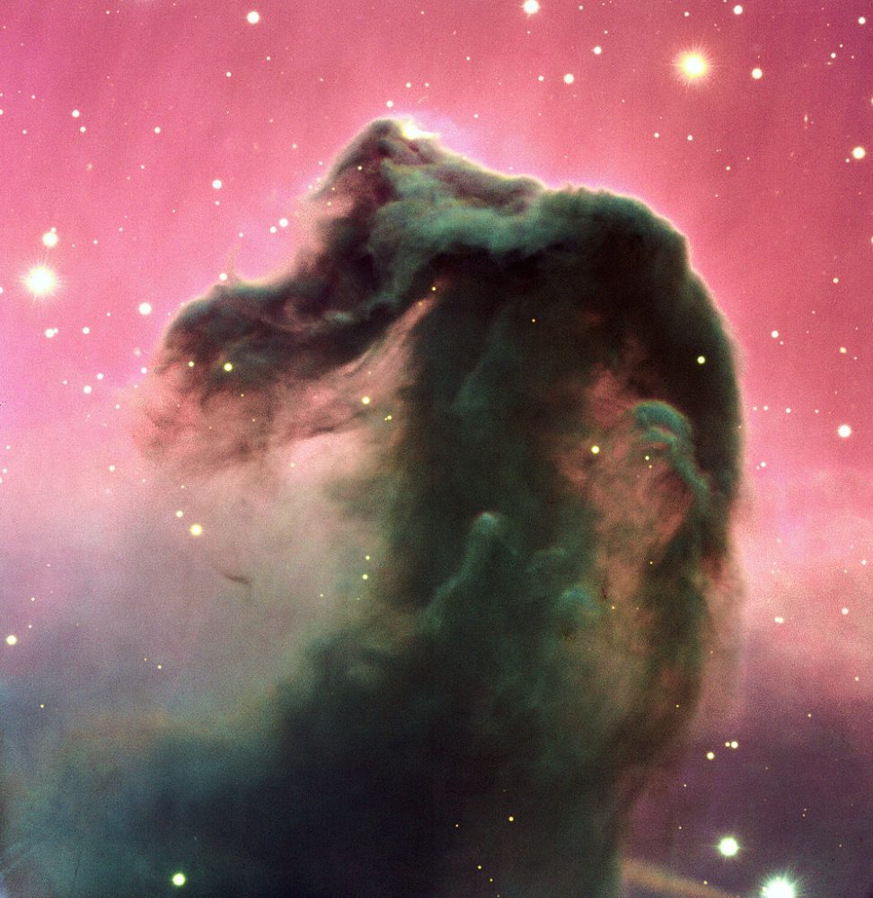 A reproduction of a composite colour image of the Horsehead Nebula and its immediate surroundings. It is based on three exposures in the visual part of the spectrum with the FORS2 multi-mode instrument at the 8.2-m KUEYEN telescope at Paranal. It was produced from three images, obtained on February 1, 2000, with the FORS2 multi-mode instrument at the 8.2-m KUEYEN Unit Telescope and extracted from the VLT Science Archive Facility . The frames were obtained in the B-band (600 sec exposure; wavelength 429 nm; FWHM 88 nm; here rendered as blue), V-band (300 sec; 554 nm; 112 nm; green) and R-band (120 sec; 655 nm; 165 nm; red). The original pixel size is 0.2 arcsec. The photo shows the full field recorded in all three colours, approximately 6.5 x 6.7 arcmin 2 . The seeing was about 0.75 arcsec. Image: ESO