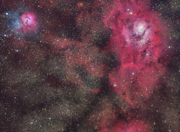 messier 8 and messier 20,m8 and m20 nebulae,sagittarius nebulae