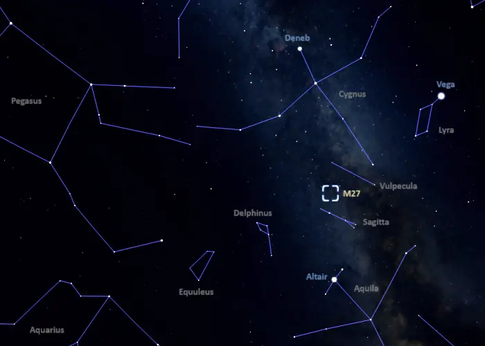 how to find the dumbbell nebula,where is the dumbbell nebula in the sky,messier 27 location