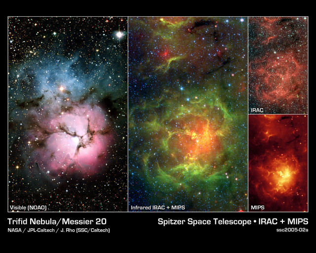 trifid nebula infrared,trifid nebula visible light,messier 20