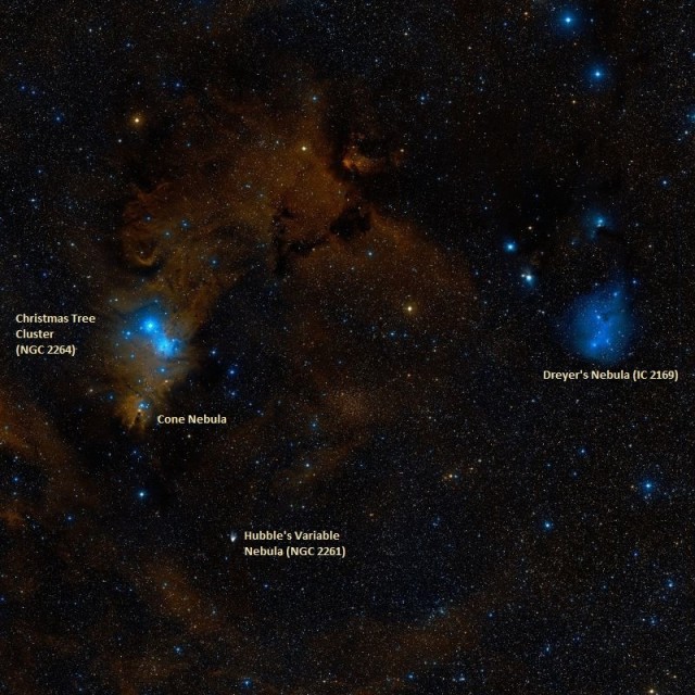cone nebula,christmas tree cluster,dreyer's nebula,hubble's variable nebula