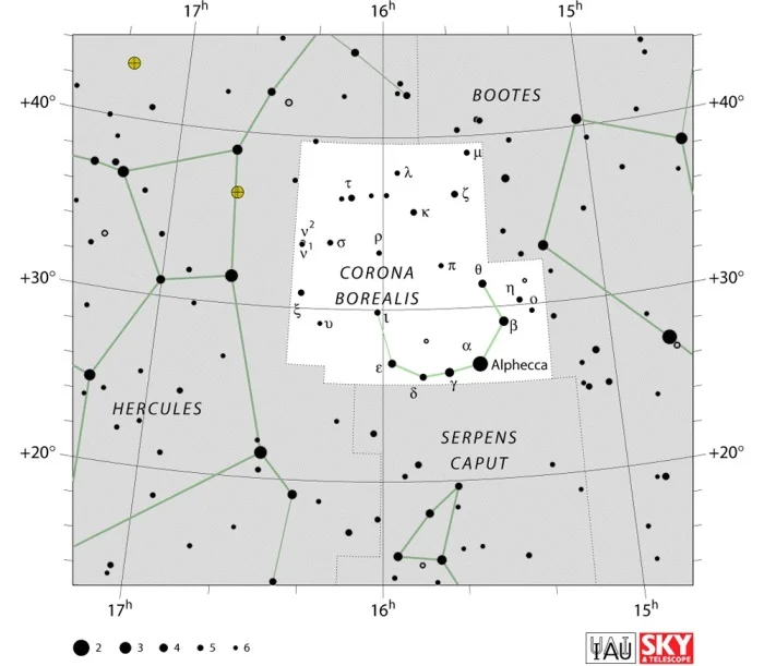 Corona Borealis,northern crown,Corona Borealis constellation,corona borealis star map,corona borealis star chart