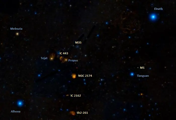 location of M35,jellyfish nebula and monkey head nebula