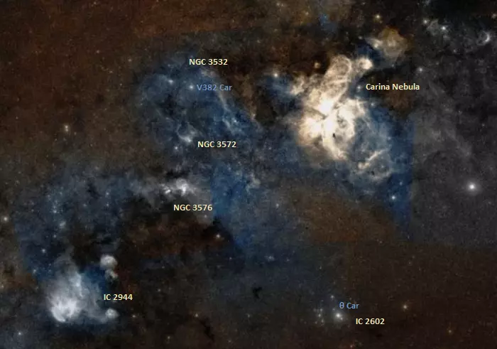 Wishing Well Cluster, Carina Nebula, Theta Carinae Cluster, Statue of Liberty Nebula,Running Chicken Nebula,lambda centauri nebula