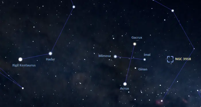 how to find the southerner,ngc 3918 location,where is the blue planetary nebula in the sky