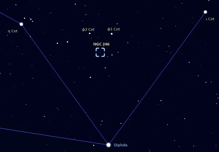 how to find ngc 246,skull nebula location