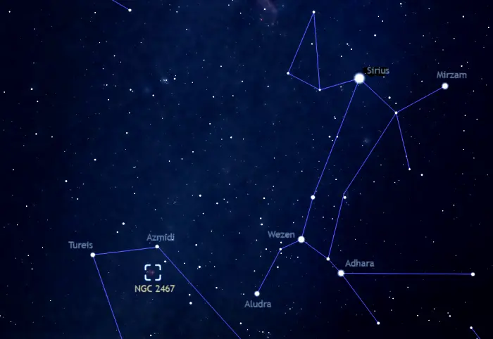 how to find the skull and crossbones nebula,ngc 2467 location,skull and crossbones nebula finder chart