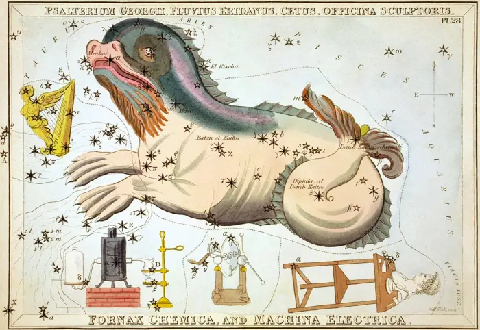 obsolete constellations,Psalterium Georgii, Fluvius Eridanus, Cetus, Officina Sculptoris, Fornax Chemica, Machina Electrica