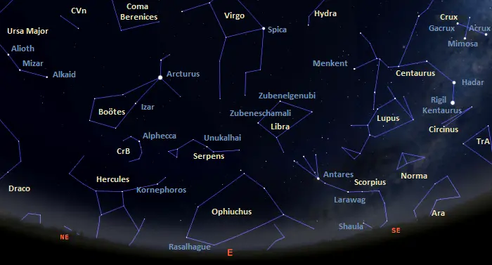 constellations visible in the eastern sky tonight from equatorial latitudes