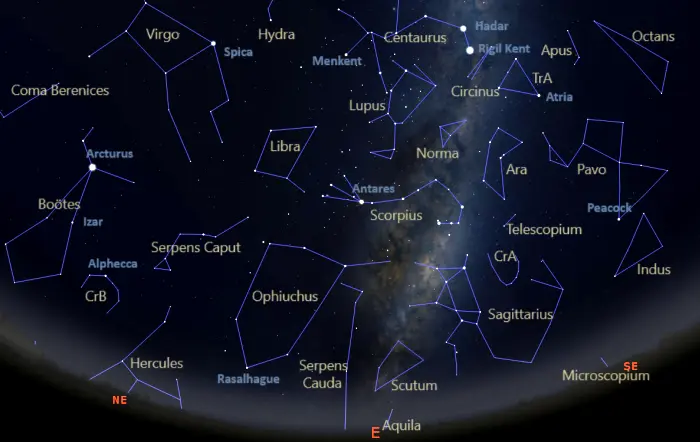 constellations in the eastern sky in the southern hemisphere
