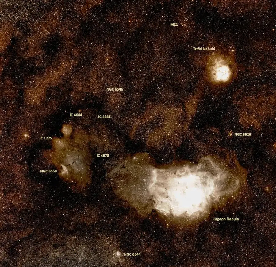 Chinese Dragon Nebula, Lagoon Nebula, Trifid Nebula, Messier 21 and NGC 6544