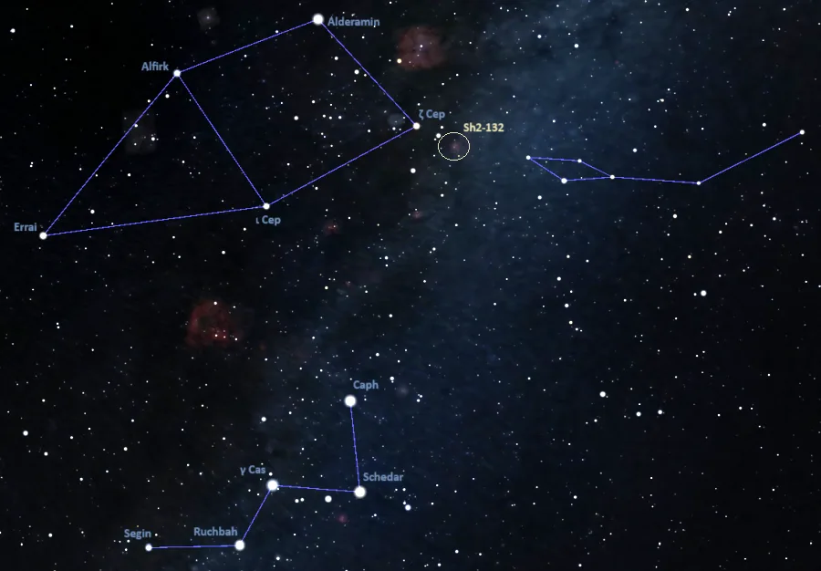 how to find the lion nebula,sharpless 132 location,where is the lion nebula in the sky