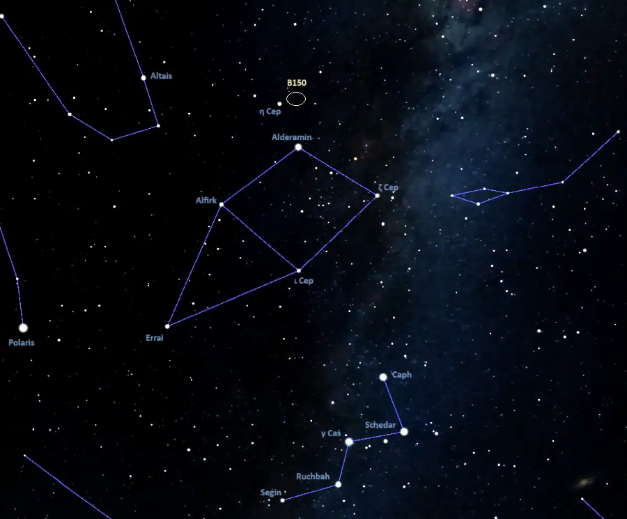 how to find the seahorse nebula,where is the seahorse nebula in the sky,barnard 150 location