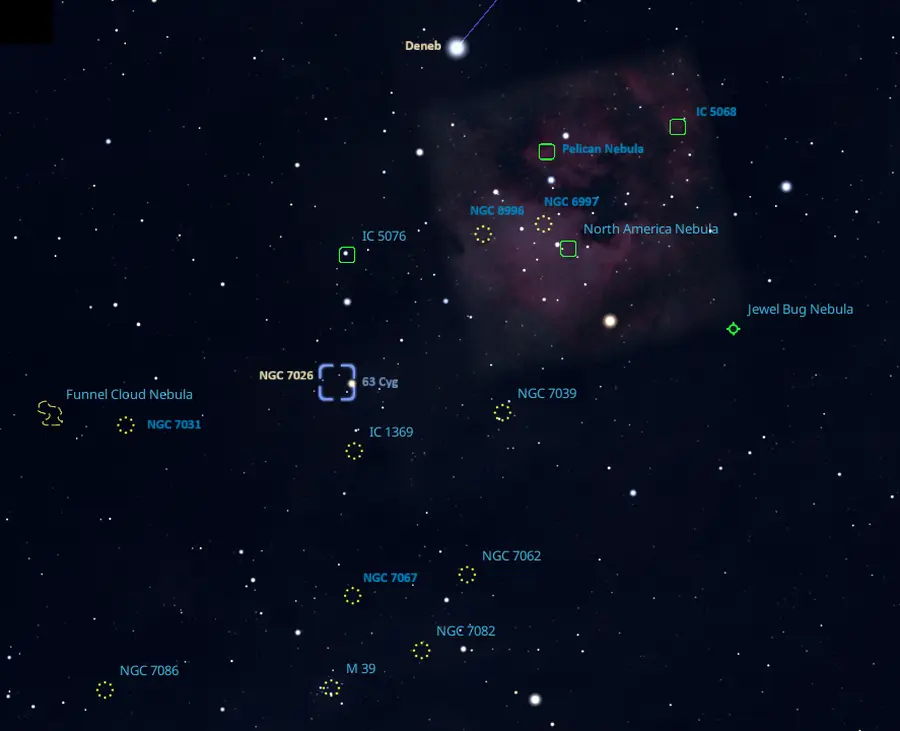 ngc 7026,jewel bug nebula,funnel cloud nebula,north america nebula