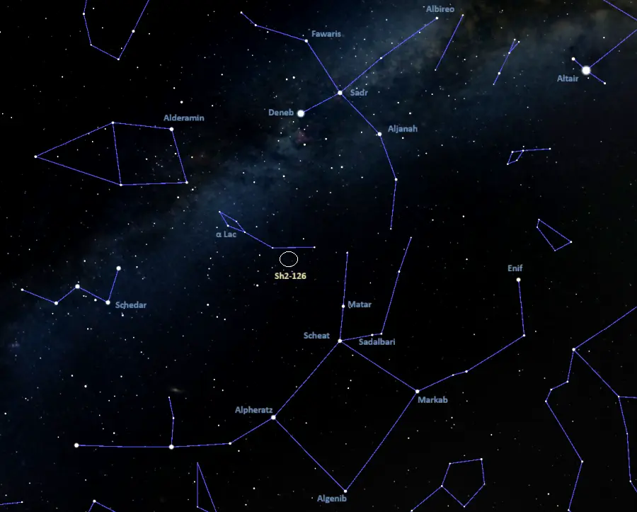 how to find the great lacerta nebula,sharpless 126 location
