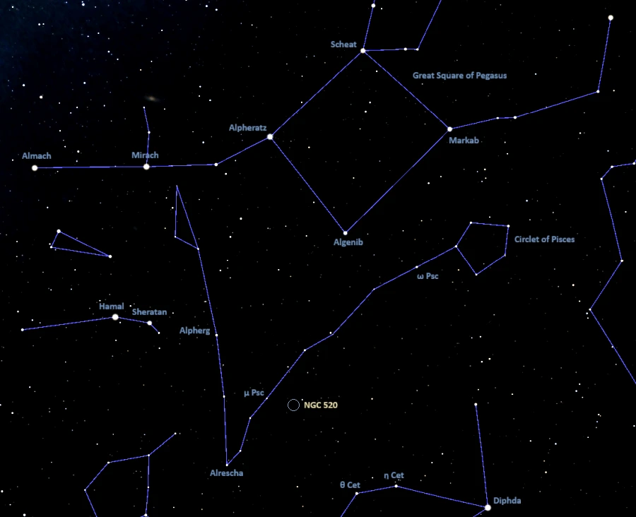 flying ghost galaxy location,how to find ngc 520