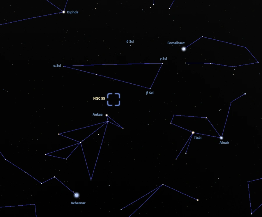 how to find ngc 55,where is the string of pearls galaxy in the sky