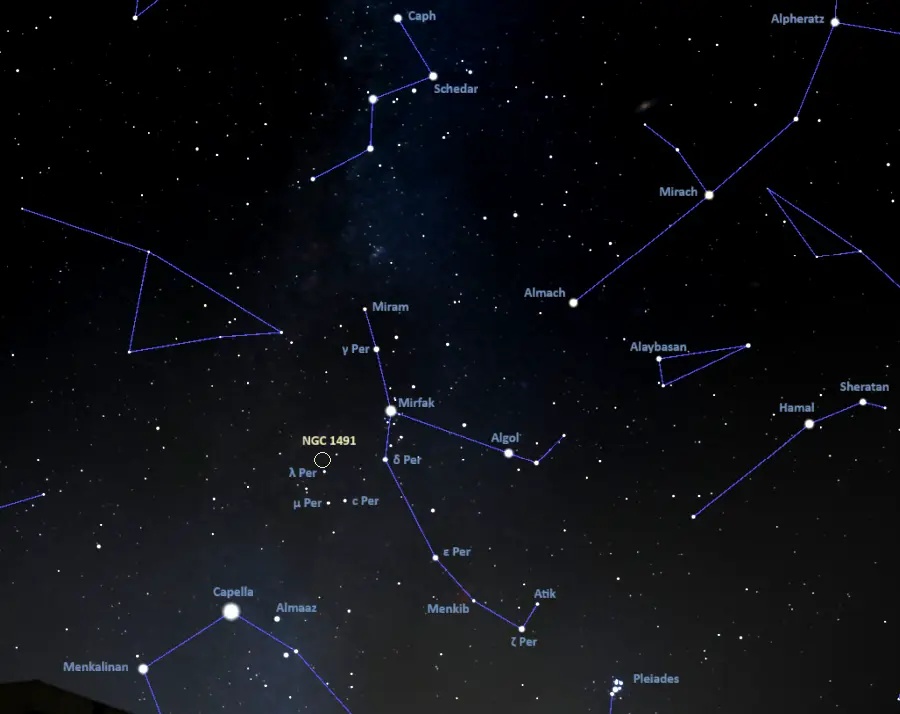 how to find the fossil footprint nebula,ngc 1491 location,where is the little pacman nebula in the sky