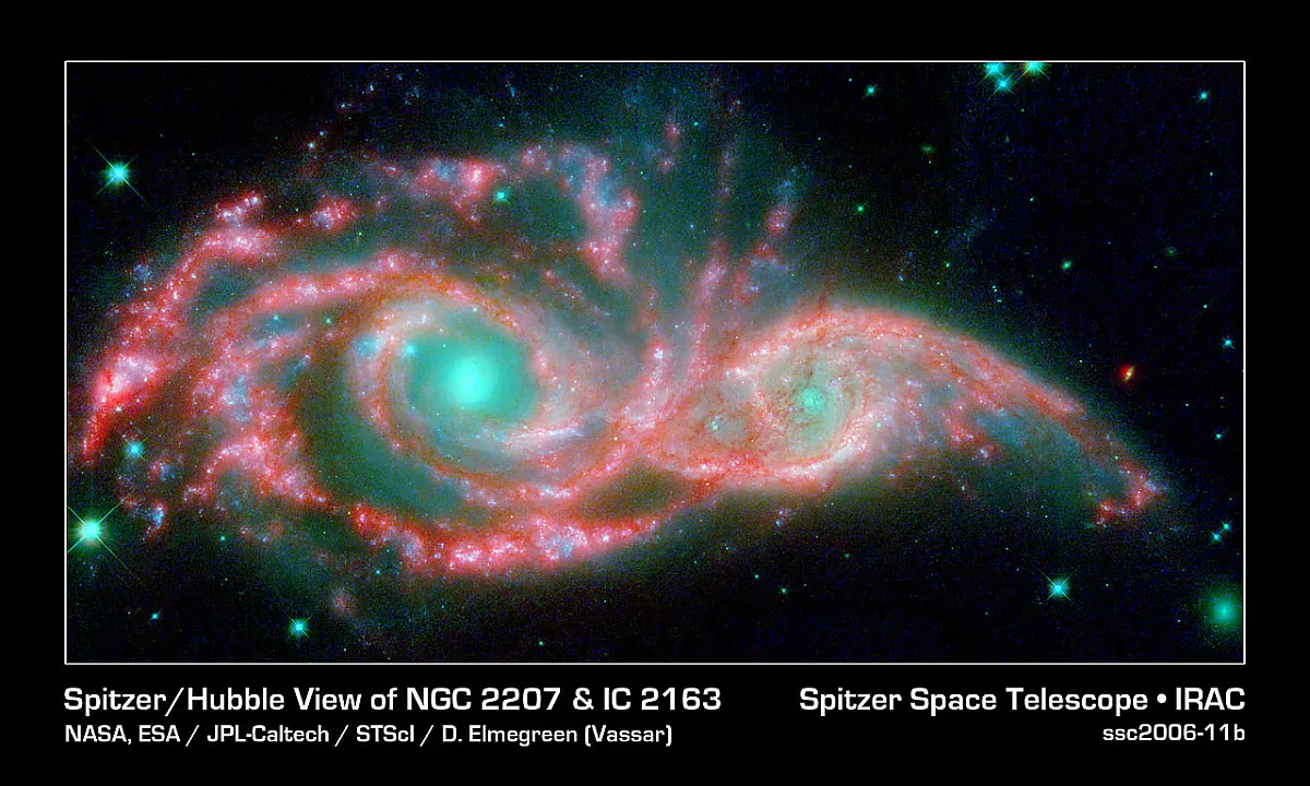ngc 2207 and ic 2163 infrared and visible light composite image