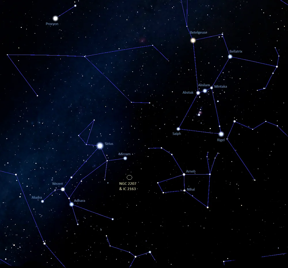 how to find ngc 2207 and ic 2163
