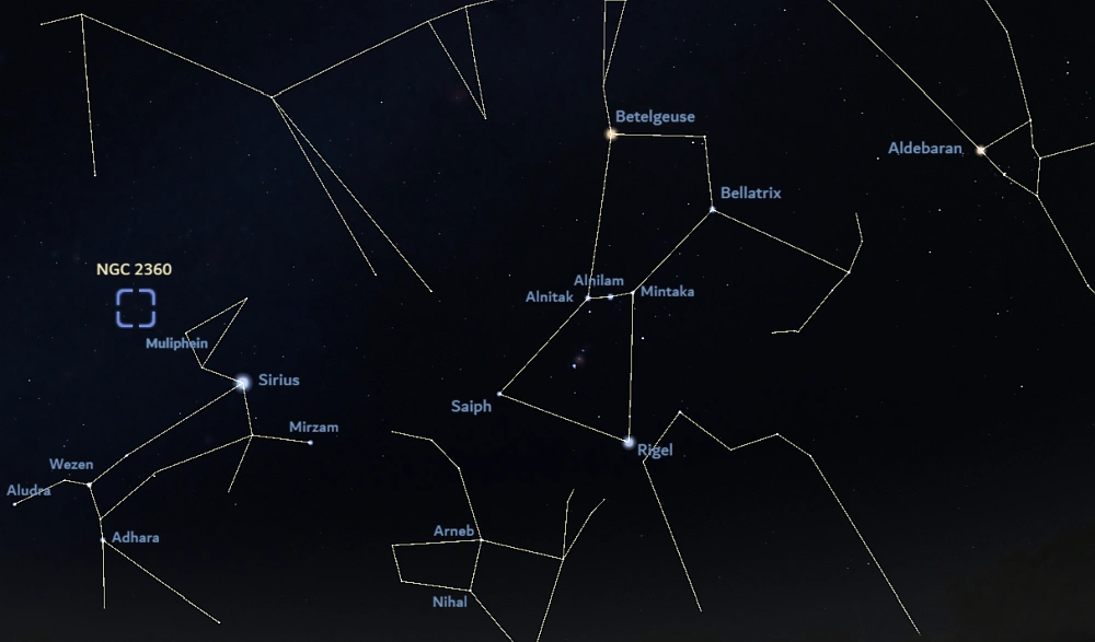 how to find caroline's cluster,where is ngc 2360 in the sky