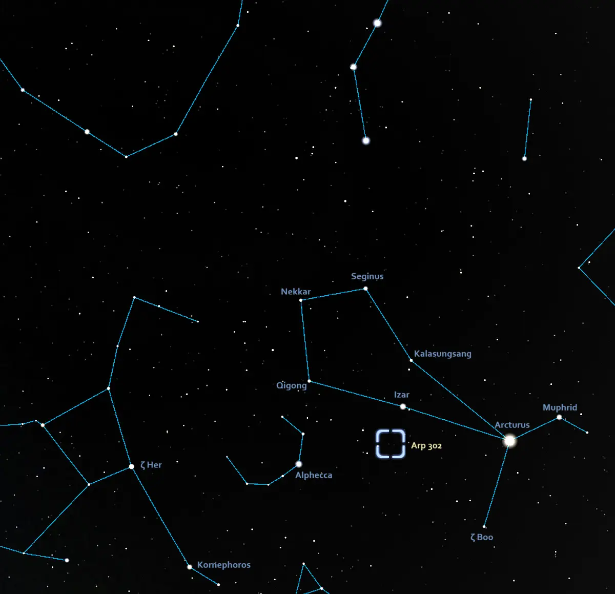 how to find exclamation point galaxy,where is arp 302 in the sky